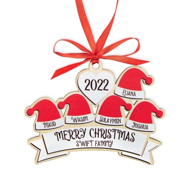 Ornement de Noël de famille personnalisé, ornement suspendu de chapeau de père Noël avec 2-10 noms personnalisés, décorations de vacances de décor d'arbre de Noël