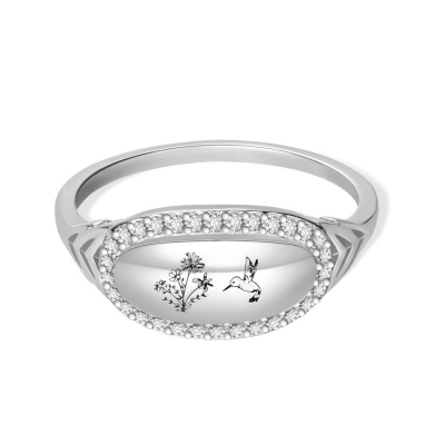 Personalized Birthflower Hummingbird Agate Ring, Hummingbird Ring with Birthflower, Vintage Ring, Gift for Grandma/Mom