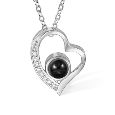 Custom Photo Projection Necklace, Sterling Silver Cubic Zirconia Heart Pendant with I Love You in 100 Languages, Birthday Gift for Mom/Wife/Grandma