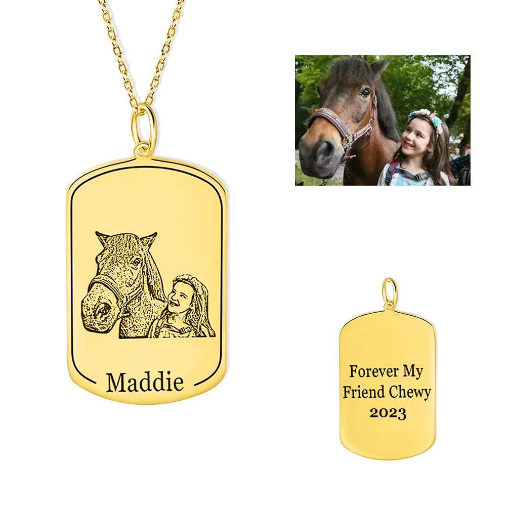 Personalized Horse Portrait Dog Tag Necklace, Horse Memorial Gift, Name Dog Tag Necklace, Photo Jewelry, Gift for Daughter/Friend/Horse Lover