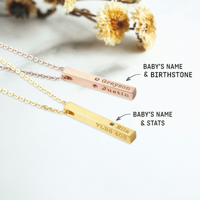 Personalized Engraved Birthstone Necklace with Name, Newborn Name&Date Memorial Necklace, 4-Sided Bar Necklace With Birthstone, Gift for New Mom