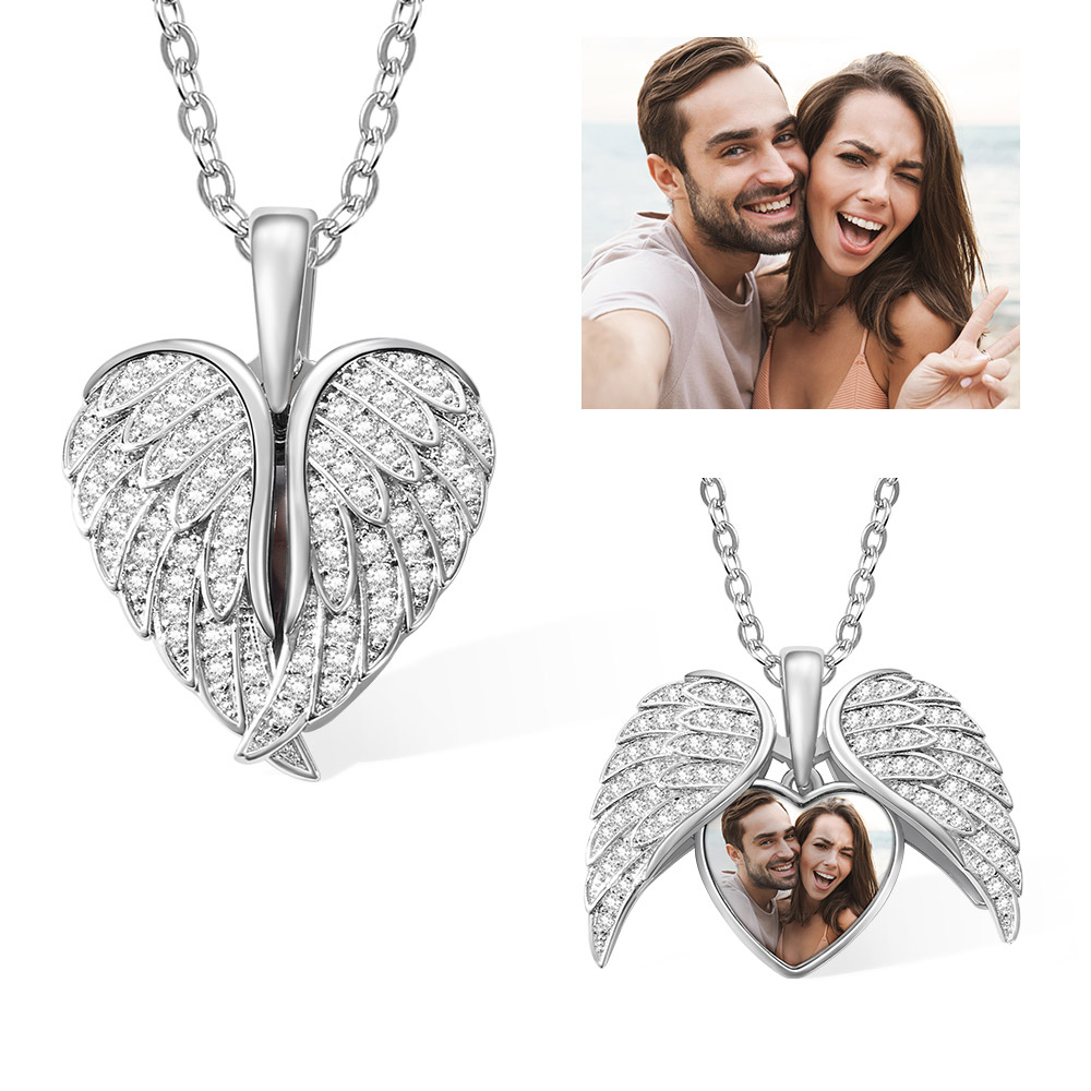 Angel Wing Necklace With Custom Photo Heart Picture Pendant Necklace Personalized Angel Wings