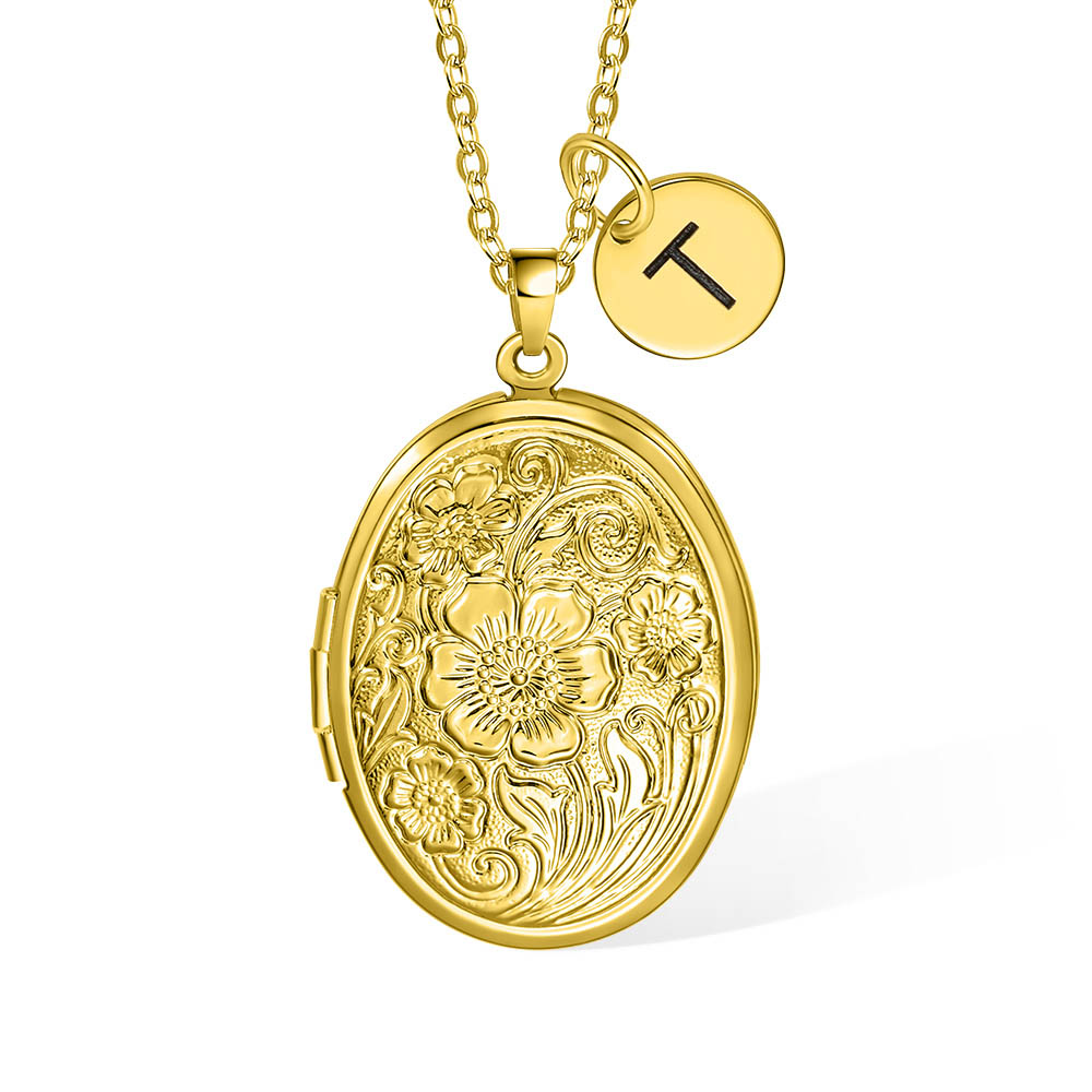 Personalized Bronze Locket Necklace - Antique Oval Flower Carved Pendant, Opens For Photos, 19.6 Inch Chain