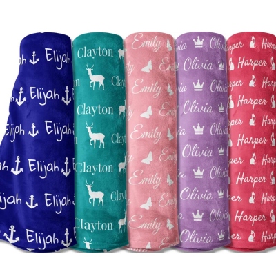 Personalized Baby Name Blanket, Softest Baby Blanket with Name+Icon, Eco Fleece Minky Plush Throw, Newborn Girl Boy Crib Stroller Swaddle