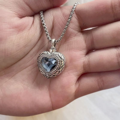 Personalized Blue Heart Crystal Pendant Necklace, Cremation Jewelry, Urn Necklace for Ashes, Memorial Necklace