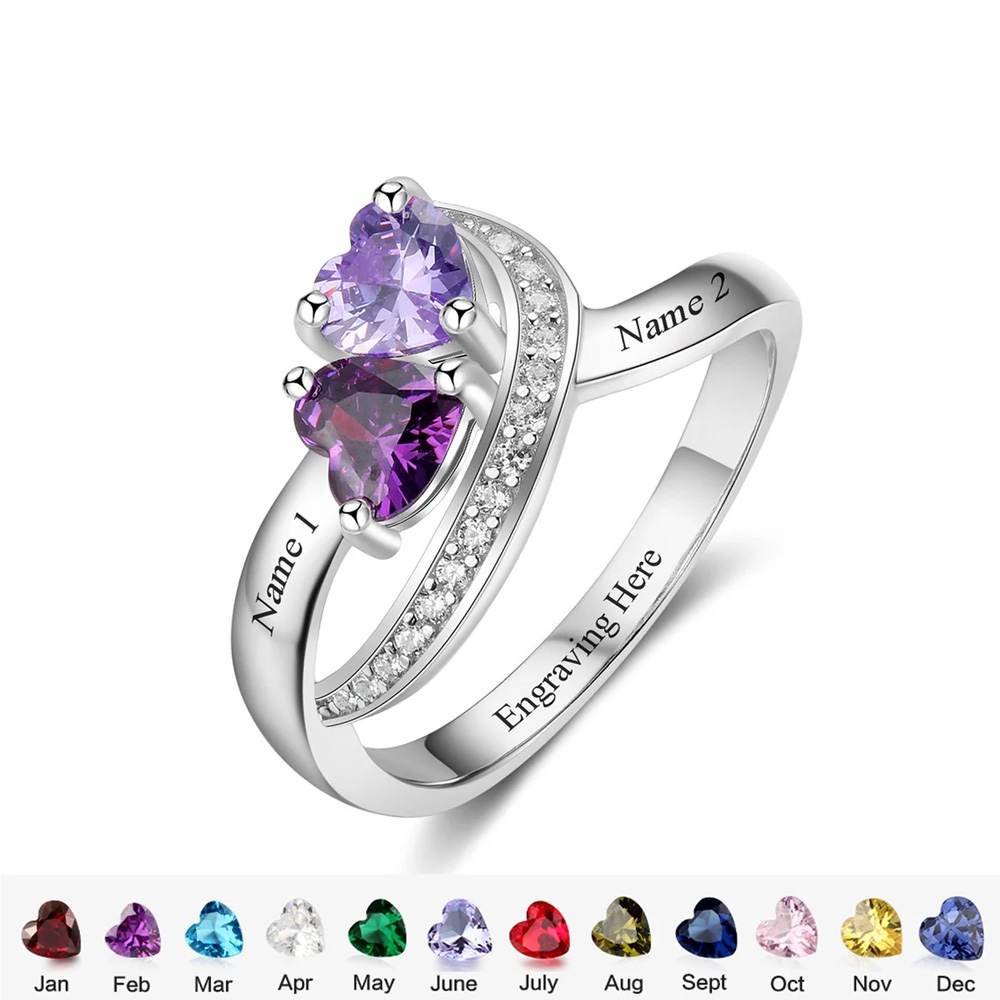 Personalized Promise Rings, Custom Name Rings with 2 Birthstones