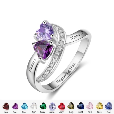 Personalized Angel Wing Ring With Birthstone - Custom Engraved Adjustable Ring For Women, Mother's Gift