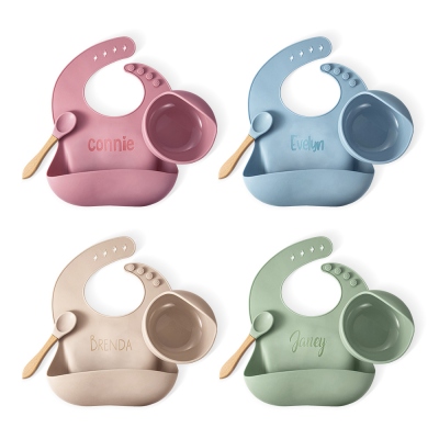 Personalized Engraved Silicone Bib, Suction Bowl and Plates, Spoon Feeding Set, Baby-led Weaning Supplies, New Baby Toddler Dinnerware