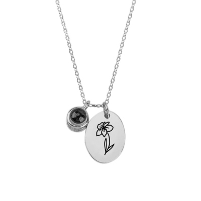 Custom Birthflower Charm Projection Necklace, Sterling Silver 925 Floral Pendant Jewelry with I Love You in 100 Languages, Gift for Women/Girls