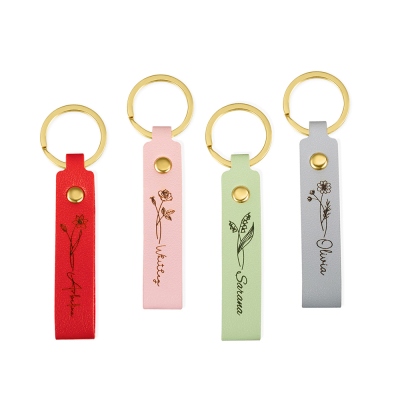 Gepersonaliseerde naam sleutelhanger met geboorte bloem, faux lederen sleutelhanger, bruidsmeisje geschenken, huwelijksgeschenk, cadeau voor haar