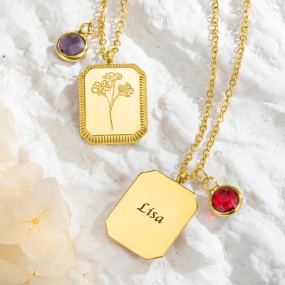 Personalized Gold Vintage Birth Flower Necklace, Birthstone Necklace, Square Rose/Daisy/Floral Pendant Jewelry, Birthday Gift for Her