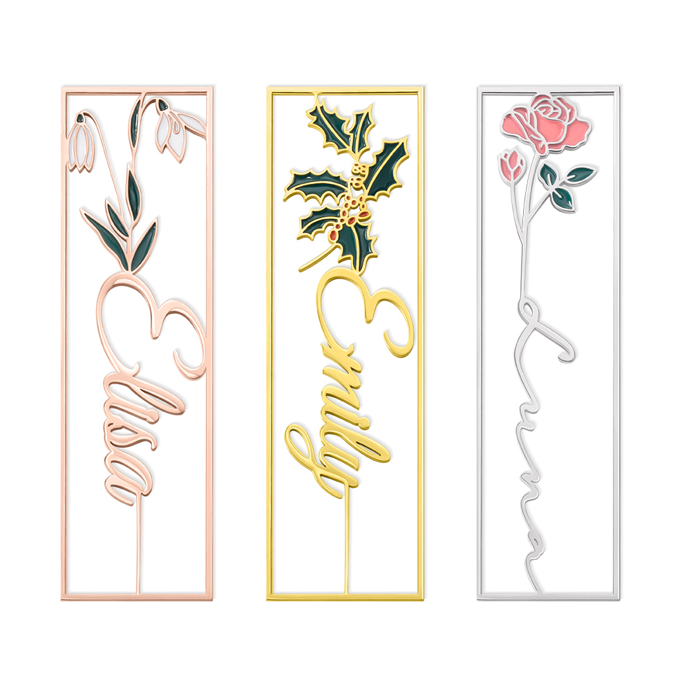 Custom Birth Flower Name Bookmark, Colorful Birthday Flower Stainless Steel Bookmarks, Gifts for Kids/Book Lovers/Reader