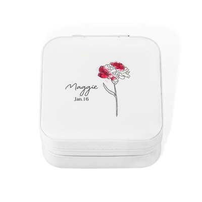 Custom Name Jewelry Box with Birth Flowers, Jewelry Travel Case, Portable Watercolor Floral Jewelry Organizer, Gift for Her/Bridesmaids/Mom/Girlfriend