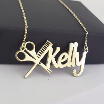 Personalized Hairdresser Name Necklace, Scissors and Comb Necklace with Custom Name, Nameplate Necklace, Gift for Hairdressers/Hairstylists/Barbers