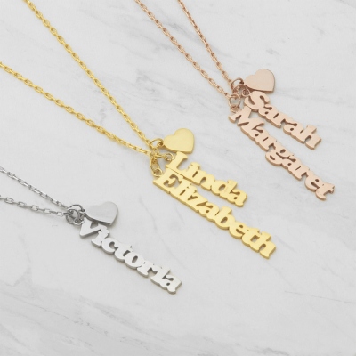 Custom Dangle Name Necklace, Heart Charm Necklace, Multiple Name Necklace, Vertical Name Necklace, Minimalist Necklace, Gift for Wife/Mother/Daughter
