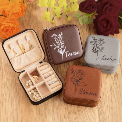 Birth Flower Jewelry Travel Case, Personalized Birthday Gift, Custom Leather Jewelry Box, Gifts for Wedding/Bridesmaid/Mom/Women (Buy More Save More)