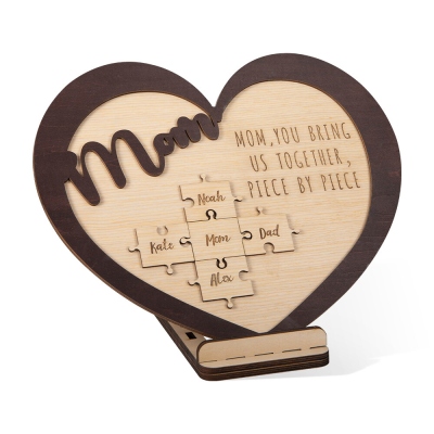 Custom Name Mom Heart Puzzle, Rustic Wood Puzzle with 1-5 Family Name, Home Decor Sign, Mother's Day/Birthday/Housewarming Gift for Mom/Wife/Grandma