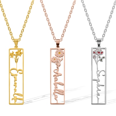 Custom Name Birth Flower Necklace, Sterling Silver 925 Hollow Carving Floral and Name Rectangular Plate Pendant, Birthday/Mother's Day Gift for Women