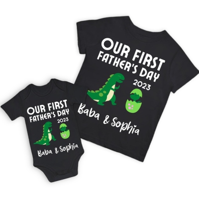 Custom Tyrannosaur T-Shirt, Our First Father's Day Shirt, Family Gift, Cotton Matching Shirt, Father's Day Gift, Gift for Dad/Baby
