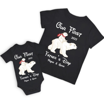 Custom Polar BearT-Shirt & Baby Rompers, Vår första fars dag skjorta, familjepresent, bomull matchande skjorta, fars dag present, present till pappa/bebis