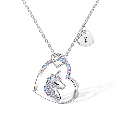 Personalized Colorful Unicorn Necklaces, Heart Pendant Necklace, Children's Jewelry, Birthstone Gift/Graduation for Daughter/Sister