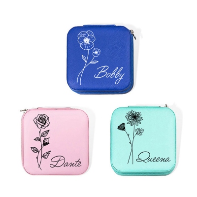 Personalized Birth Flower Jewelry Travel Case, Birthday Gift, Custom Leather Jewelry Box, Gifts for Wedding/Bridesmaid/Mom/Women (Buy More Save More)