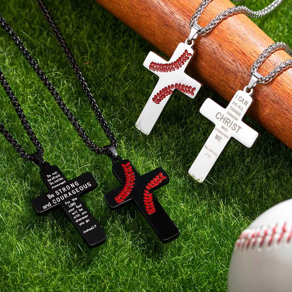 Personalized Baseball Bible Verse Necklace, Cross Pendant Necklace, Football/Baseball Necklace for Boy, Religious Jewelry, Gift for Baptism/First Communion