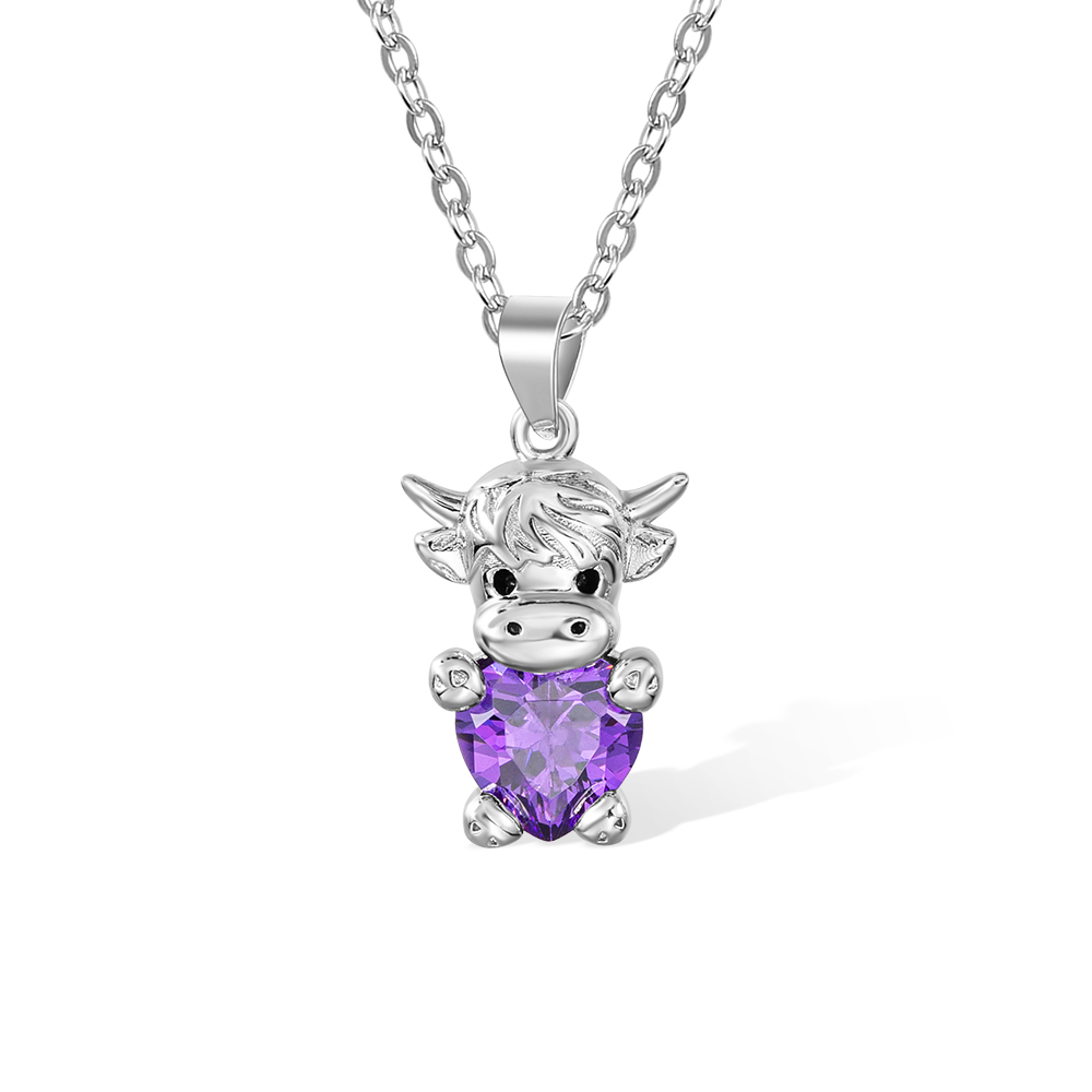 Custom Birthstone Highland Cow Necklace Cow Necklace Sterling Silver 