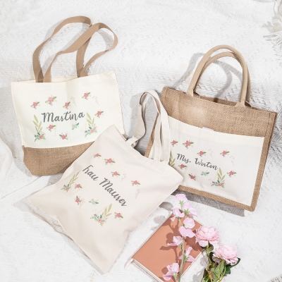 Personalized Teacher Tote Bag, Custom Name Floral Design Canvas Tote Bag, School Leaving Gift, Graduation/Teacher Appreciation Gift for Women/Teachers