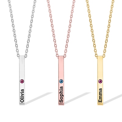 Personalized Engraved Birthstone Necklace with Name, Newborn Name&Date Memorial Necklace, 4-Sided Bar Necklace With Birthstone, Gift for New Mom
