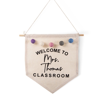 Personalized Boho Teacher Door Hanger, Custom Classroom Welcome Sign, Wall Hanger with Felt Balls, Classroom Decor, Back to School Gift for Teacher