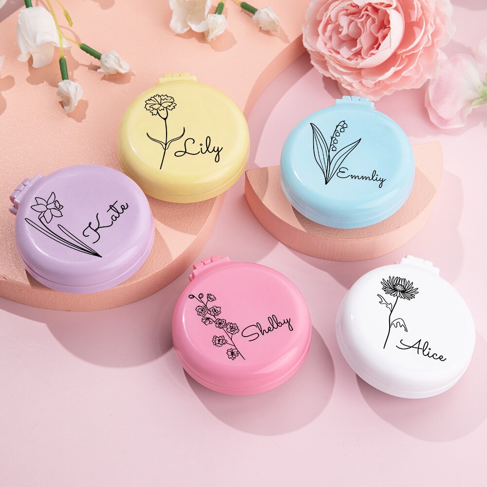 Personalized Birthflower Name Air Cushion&Mirror Comb, Custom Portable Mini Air Cushion Mirror Comb, Round Foldable Comb with Mirror, Gift for Her