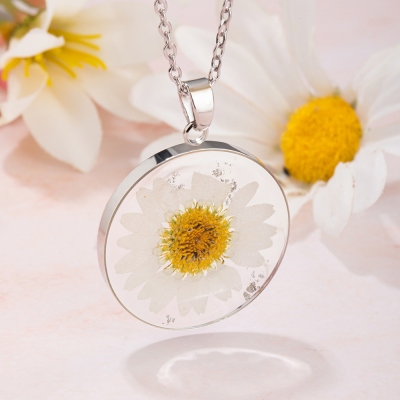 Personalized Birth Flower Necklace, Dried Pressed Flower Resin Necklace, Customized Round Pendant Jewelry, Birthday Gifts, Gifts for Women