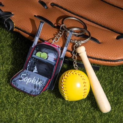 Custom Name Softball Backpack Keychain with Mini Wooden Bat, Mini Baseball Backpack Acrylic Keyring, Gift for Athlete/Sports Lover/Family/Friend