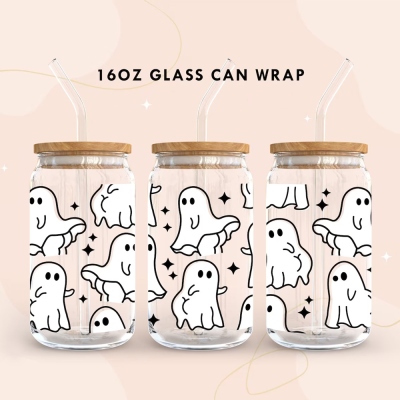 Ghost Glass Can with Wrap, SVG, Cute Ghost Sticker SVG for Water Bottle, Spooky Beer Can Glass SVG Sticker, Boo Coffee Cup SVG Sticker