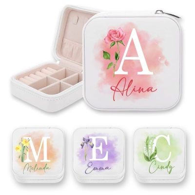 Personalized Birth Flower Jewelry Travel Case, Custom Leather Jewelry Box, Birthday Gift, Gifts for Wedding/Bridesmaid/Mom/Women(Buy More Save More)