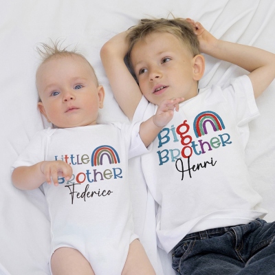 Aangepaste Rainbow Matching Sibling Set, Gepersonaliseerde Katoenen Babysuit & T-shirt, Unisex T-shirts, Big Sister T-shirt, Cadeau voor zus/broer/baby