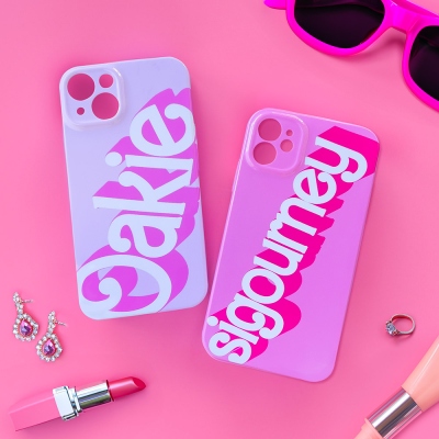 Aangepaste naam roze pop lettertype telefoonhoesje, TPU roze/paarse stijl film pop telefoonhoesje, verjaardag/afstuderen/bruidsmeisje cadeau voor meisjes/familie/vrienden