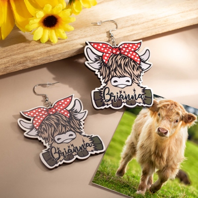 Custom Name Highland Cow Earrings, Highland Cow Drop Earrings, Wooden Earrings, Animal Jewelry, Western-Style Jewelry, Gift for Animal Lovers/Cowgirls
