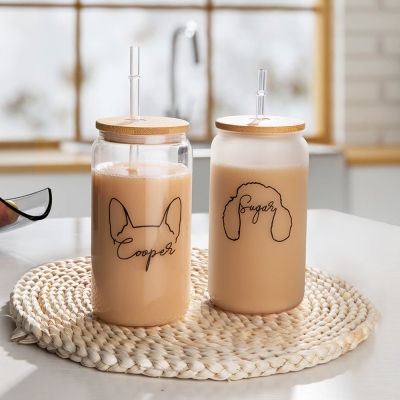 Personalized Dog Ear Glass Tumbler with Name, Custom 16 Oz Glass Can with Bamboo Lid and Straw, Water/Coffee Glass Cup, Dog Mom/Dad Gift, Gift for Pet Lovers