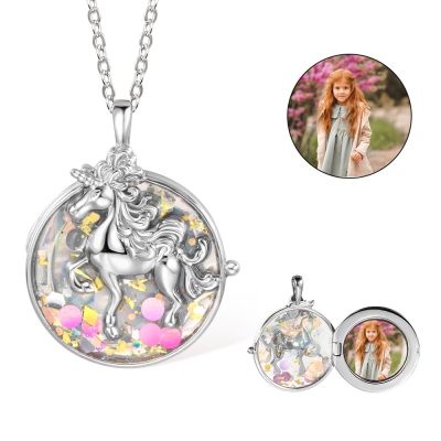 Personalized Photo Unicorn Necklace, Unicorn Locket Pendant Necklace, 3D Unicorn Pendant, Lucky Necklace, Unicorn Jewelry, Birthday Gifts for Girls