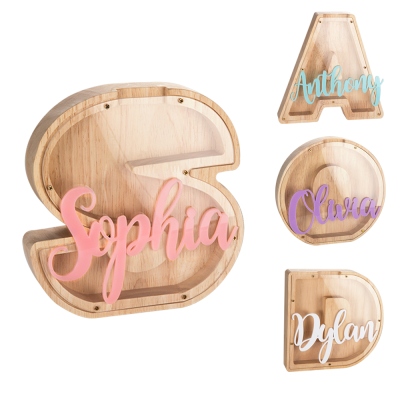 Custom Piggy Bank with Initial & Name, Letter Clear Window Coin Bank, Wooden Letter Money Box, Home Decor, Birthday/Christmas Gift for Kids/Family