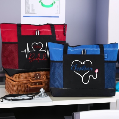 Personalisierte Krankenschwester-Einkaufstasche mit Namen, individuelle Krankenschwester-Leinwand-Einkaufstasche, medizinische Tragetasche mit Reißverschluss, Krankenschwester-Wochen-Geschenk, Dankeschön-Geschenke für Krankenschwester/Arzt