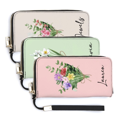 Personalized Birth Flower Ladies Wallet, Name Wallet with Card Holder, Zipper Wallet with Hand Strap, Bridesmaid Gift, Mother's Day Gift for Mom