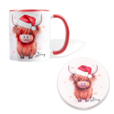 Custom Name Highland Cow Christmas Mug with Coaster, 11oz Fluffy Cow Mug, Retirement/Birthday/Christmas Gift for Highland Cow Lovers/Family/Friends