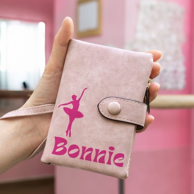 Custom Name Pink Ballet Wallet, Pink Doll Dance Purse, Artificial Leather Wallet, Tri-Fold Wallet, Christmas/Birth Gift For Women/Girls/Ballet Dancer