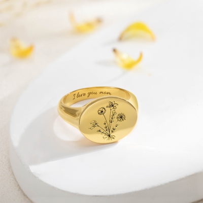Personalized Signet Ring with Birth Flower, Engraved Ring, Mother Ring, Birth Flower Ring, Women's Jewelry, Christmas Gift, Gifts for Her/Mom/Grandmom