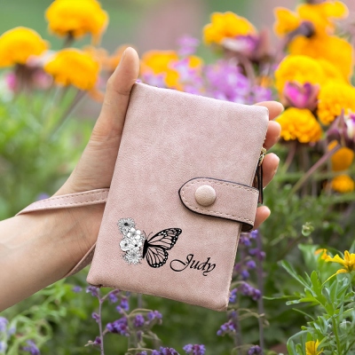 Custom Name & Birth Flower Wallet with Butterfly, Leather Wallet for Women, Wallet with Coin Holder, Tri-Fold Wallet, Christmas Gift for Mom/Grandmom