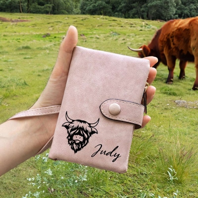Personlig Scottish Highland Cow-plånbok, Custom Name-plånbok, Tri-Fold-plånbok, djurtillbehör, korthållarepresent, julklapp till cowgirls/henne