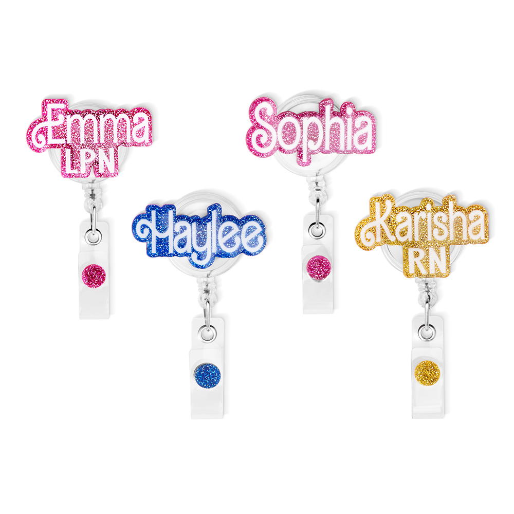 Personalized Name Badge Reel, Custom Pink Doll Font Tags, Acrylic